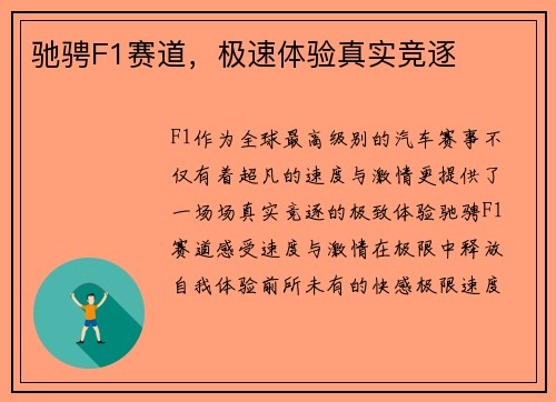 驰骋F1赛道，极速体验真实竞逐